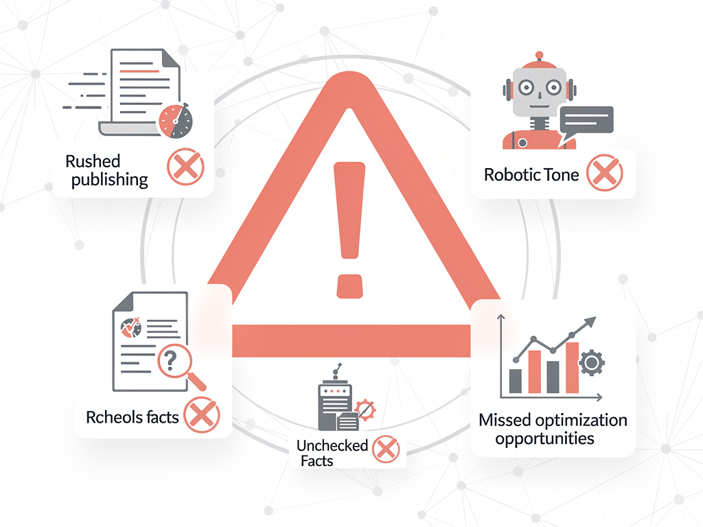 A warning sign graphic showing common AI content mistakes including a checklist with items crossed out in red such as publishing without review, ignoring brand voice, skipping fact-checking, and neglecting optimization, educational infographic style with clear visual hierarchy