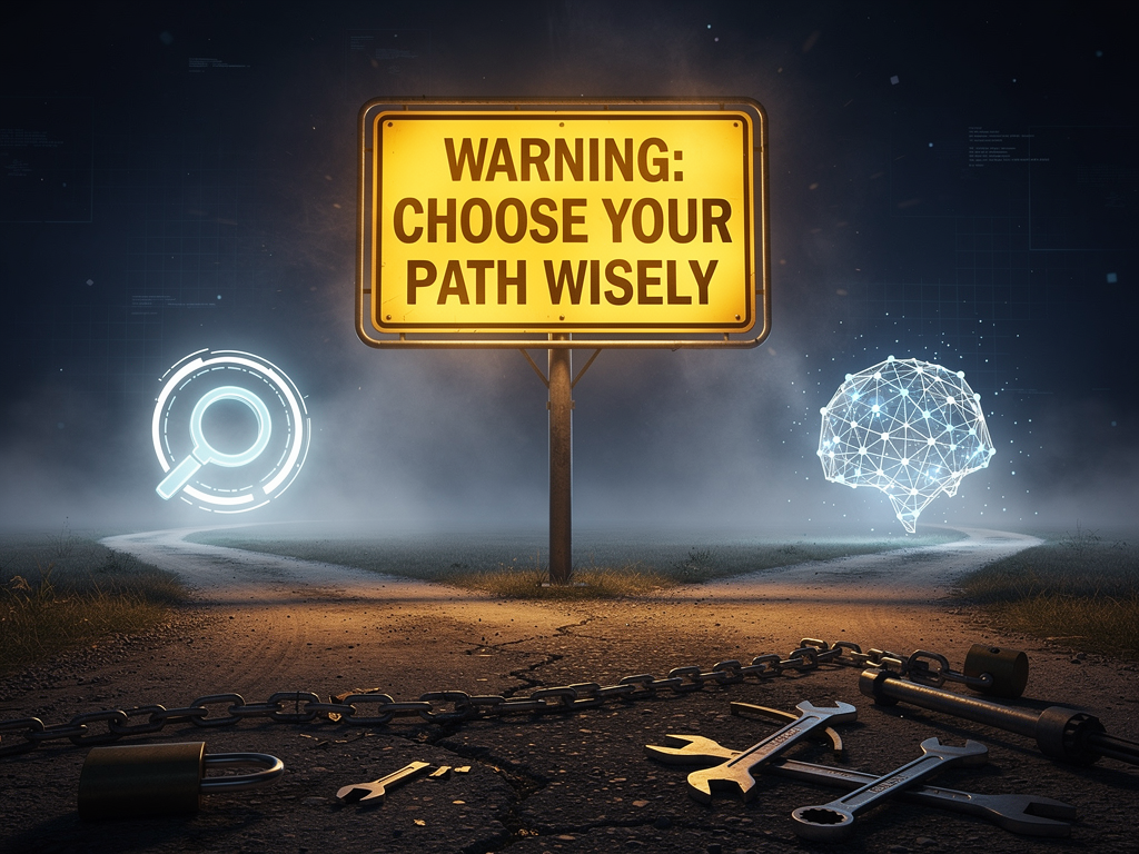 Warning sign infographic listing common AI optimization mistakes including neglecting traditional SEO, attempting to game AI systems, ignoring technical requirements, inconsistent brand presence, and failing to monitor performance, with red X marks next to each mistake