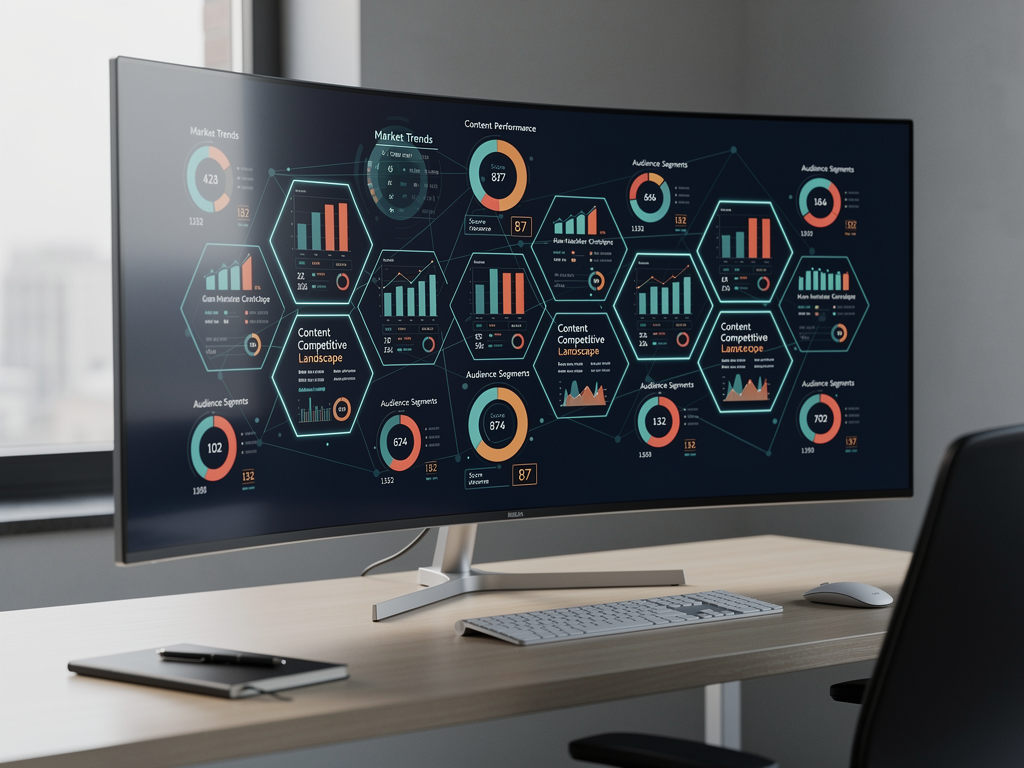 Enterprise content program dashboard showing multiple topic clusters with individual competitive analysis summaries, content gap scores, and priority rankings, organized in a grid layout with drill-down capabilities for detailed analysis of each cluster