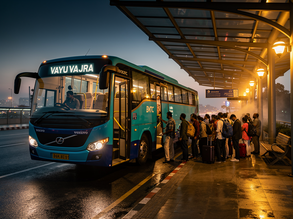 A modern BMTC Vayu Vajra Volvo bus with cyan-blue body and dark blue lower panels waiting at a covered bus platform during early morning hours, with passengers queuing to board, ambient lighting from platform lamps creating a warm glow against the pre-dawn sky