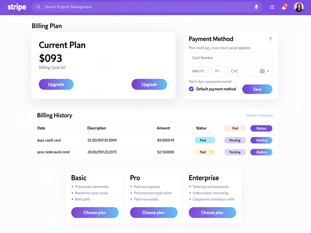 Stripe Customer Portal interface showing subscription management options including current plan details, payment method update form, billing history with downloadable invoices, and plan change options with pricing comparison, styled with custom brand colors