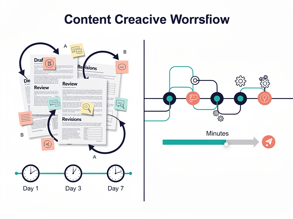Split-screen comparison showing traditional content creation workflow with multiple steps and delays versus streamlined AI-powered content pipeline with automated processes, infographic style with clear visual hierarchy and professional color scheme
