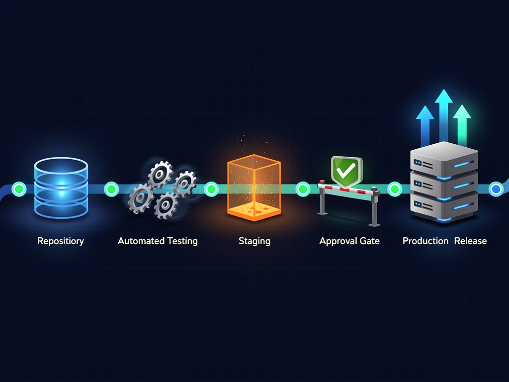 Production deployment pipeline visualization showing stages from code commit through testing, staging deployment, and production release with approval gates and monitoring integration, illustrated as horizontal flowchart with status indicators