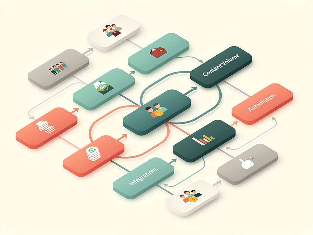 Decision flowchart helping users determine which content optimization approach fits their needs, with branching paths based on content volume, team size, existing tools, budget constraints, and primary workflow challenges, clean visual design with clear decision points and recommendations