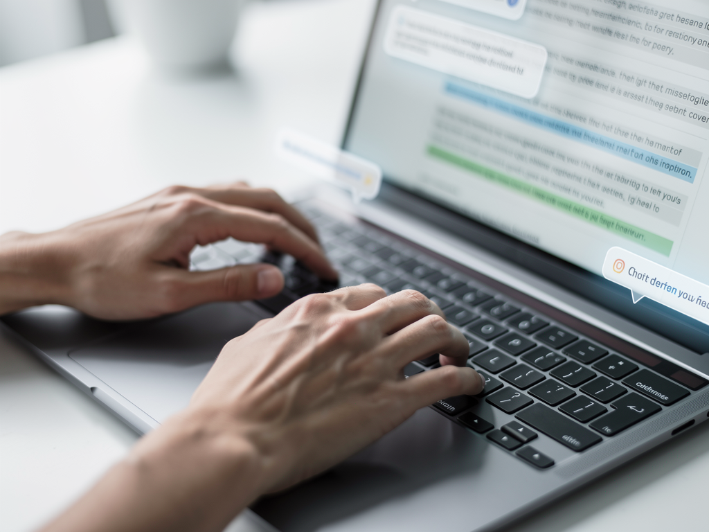 A person's hands typing quickly on a laptop keyboard, with a blurred screen showing text being corrected in real-time by a smart writing assistant overlay.