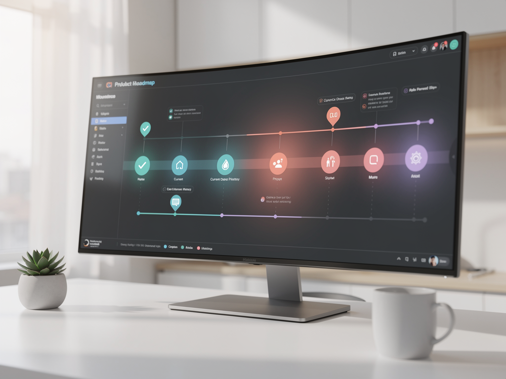Product roadmap visualization showing completed features, current development priorities, and planned future enhancements organized in a timeline format with milestone markers and progress indicators