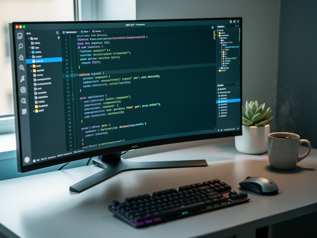 Code editor displaying Next.js application structure with server components, API routes, and authentication middleware, syntax highlighting emphasizing the clean organization of a well-architected SaaS codebase