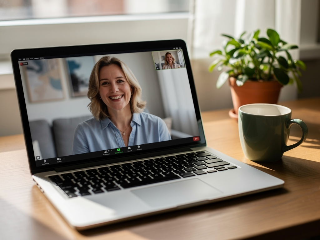 A laptop screen showing a video therapy session with a friendly therapist visible on screen, set on a home desk with a plant and mug nearby, natural light from a nearby window creating a comfortable home environment