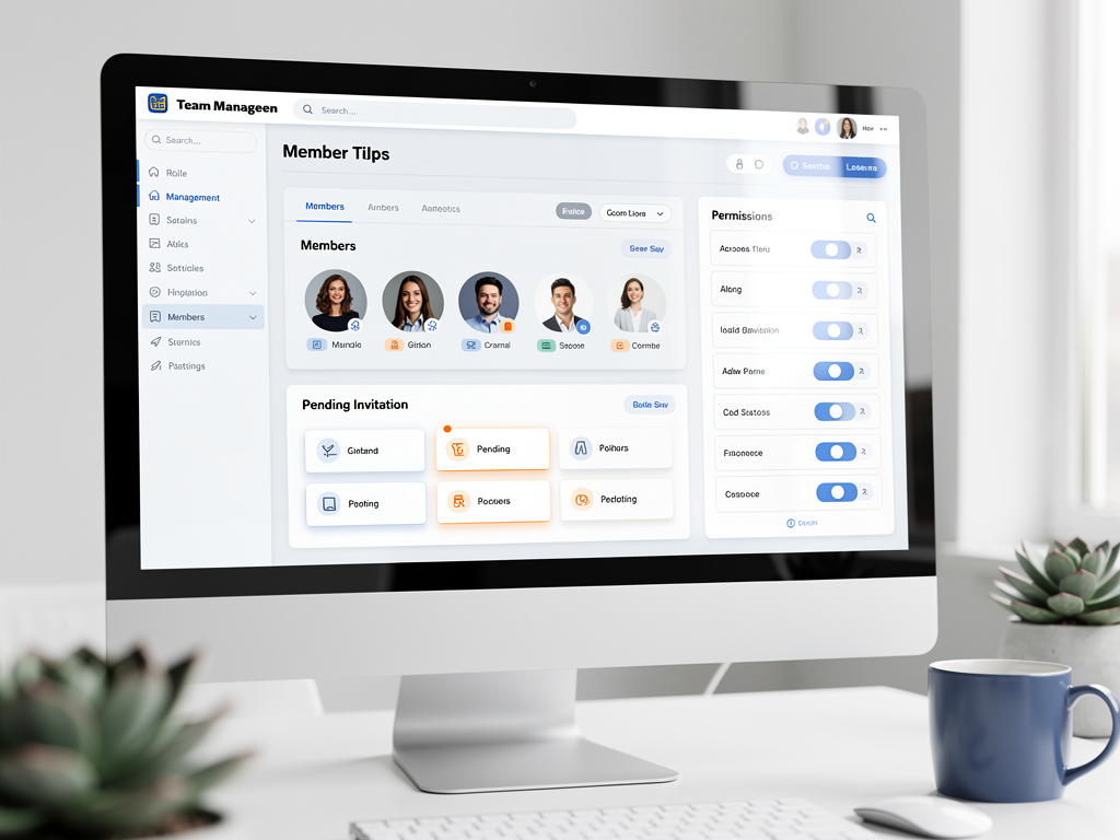 Team management interface showing member list with role assignments, pending invitation cards, and permission configuration panel with toggle switches for different capability levels, designed with clean corporate aesthetic