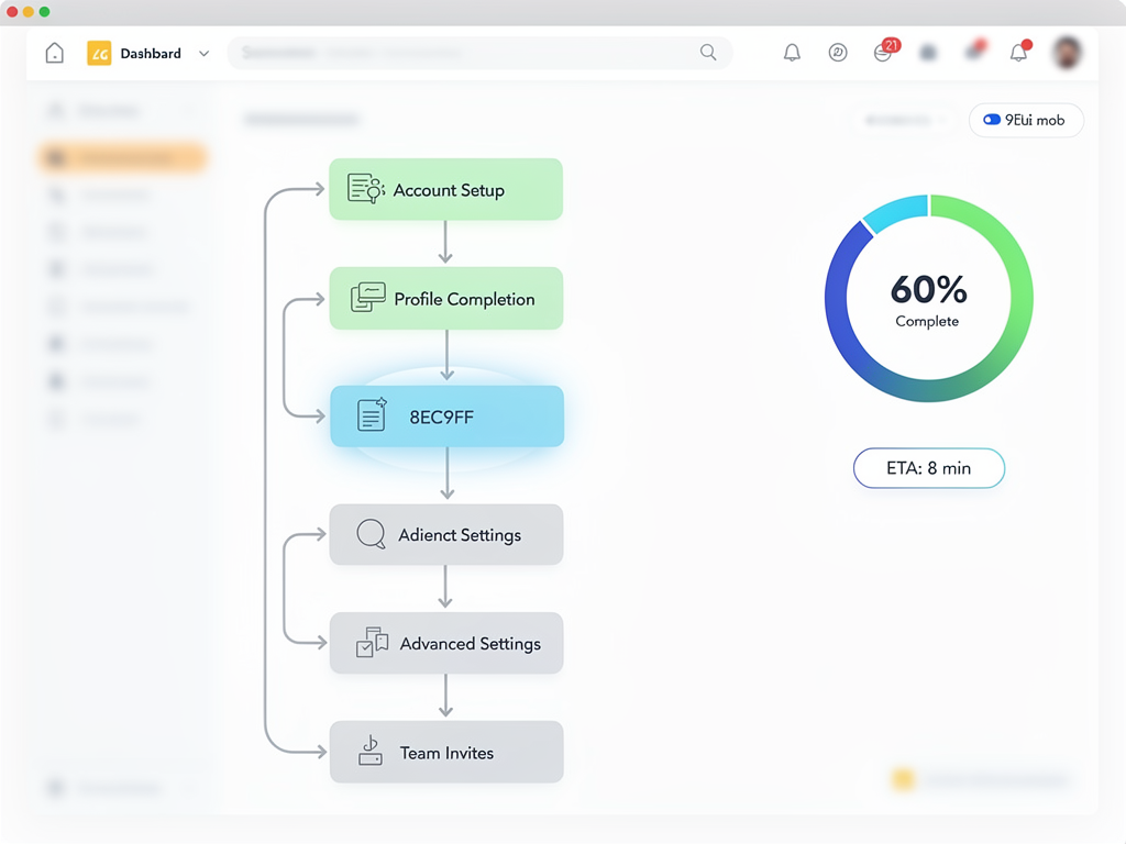 User onboarding dashboard showing a flowchart with completed steps highlighted in green, current step pulsing with blue animation, and future steps in gray, with percentage completion indicator and estimated time remaining displayed alongside