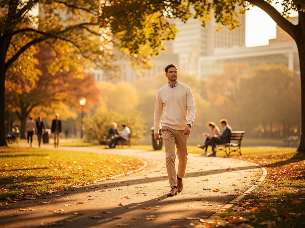 A person walking through a peaceful urban park during their lunch break, autumn leaves on the ground, other professionals visible in the background also taking breaks, warm golden hour lighting creating a sense of calm and renewal amidst city life