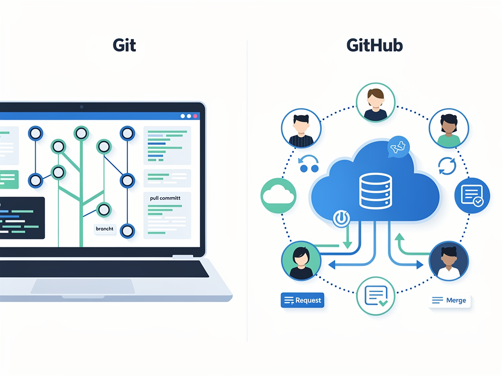A split-screen visualization showing Git as a local version control system on a developer's laptop on the left side, and GitHub as a cloud platform with multiple connected users on the right side, rendered in clean infographic style with blue and green color scheme, icons representing commits, branches, and collaboration