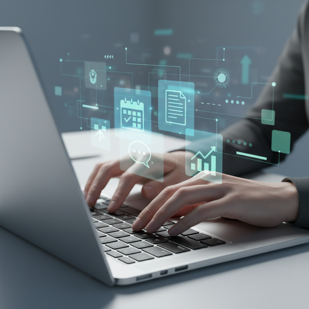 A person typing on a laptop with holographic icons representing various productivity tools floating above the keyboard, illustrating seamless integration across applications.