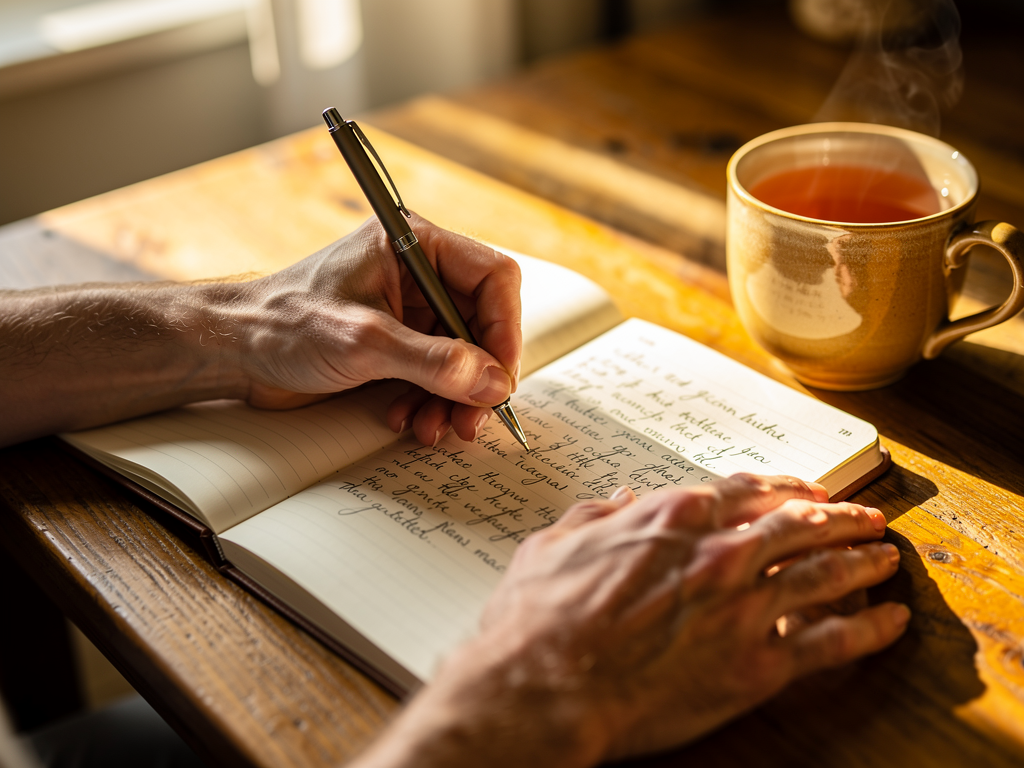 Close-up of hands writing in a lined notebook with a warm cup of tea nearby, afternoon sunlight streaming across the desk, creating a sense of peaceful self-reflection and intentional practice