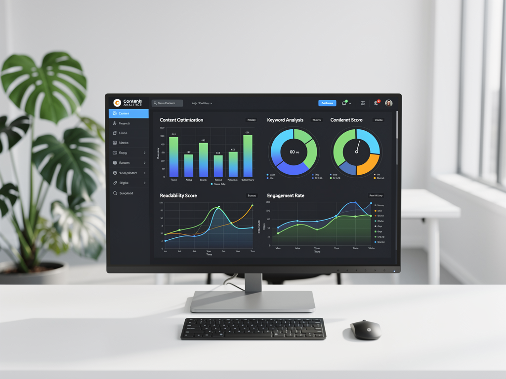 A detailed infographic displayed on a large monitor showing SEO metrics and content optimization scores, colorful charts and graphs indicating keyword density and readability levels, professional office environment with plants and modern furniture, bright natural lighting