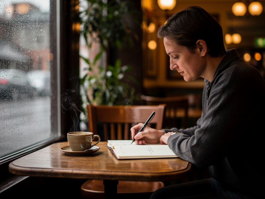 A person writing in a journal at a cosy café table beside a rain-streaked window, with a warm cup of tea nearby. The lighting is soft and intimate, suggesting introspection and personal discovery in a typical British setting.