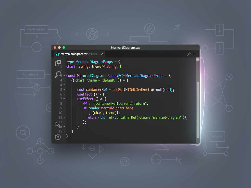 Code editor screenshot showing a React component file with TypeScript syntax highlighting, displaying a MermaidDiagram component with useEffect hooks, error boundary implementation, and prop type definitions, dark theme with proper indentation