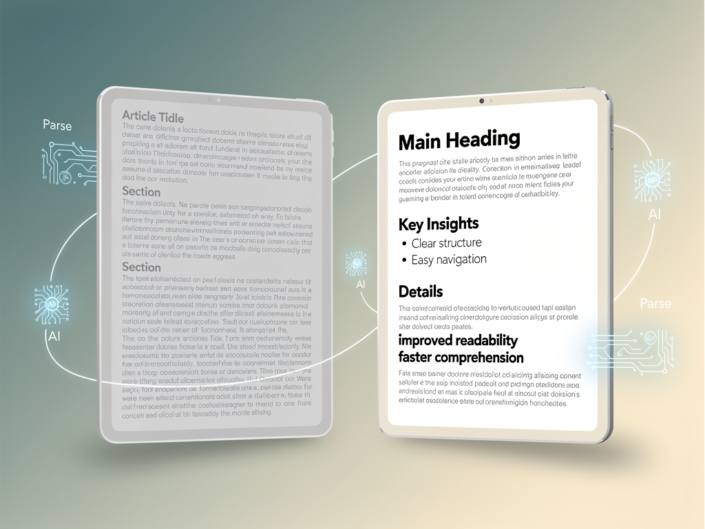 Side-by-side comparison of a poorly structured article with long unbroken paragraphs and vague headings on the left versus a well-structured article with clear hierarchical headings, bullet points, and strategic formatting on the right, demonstrating content organization best practices for AI comprehension