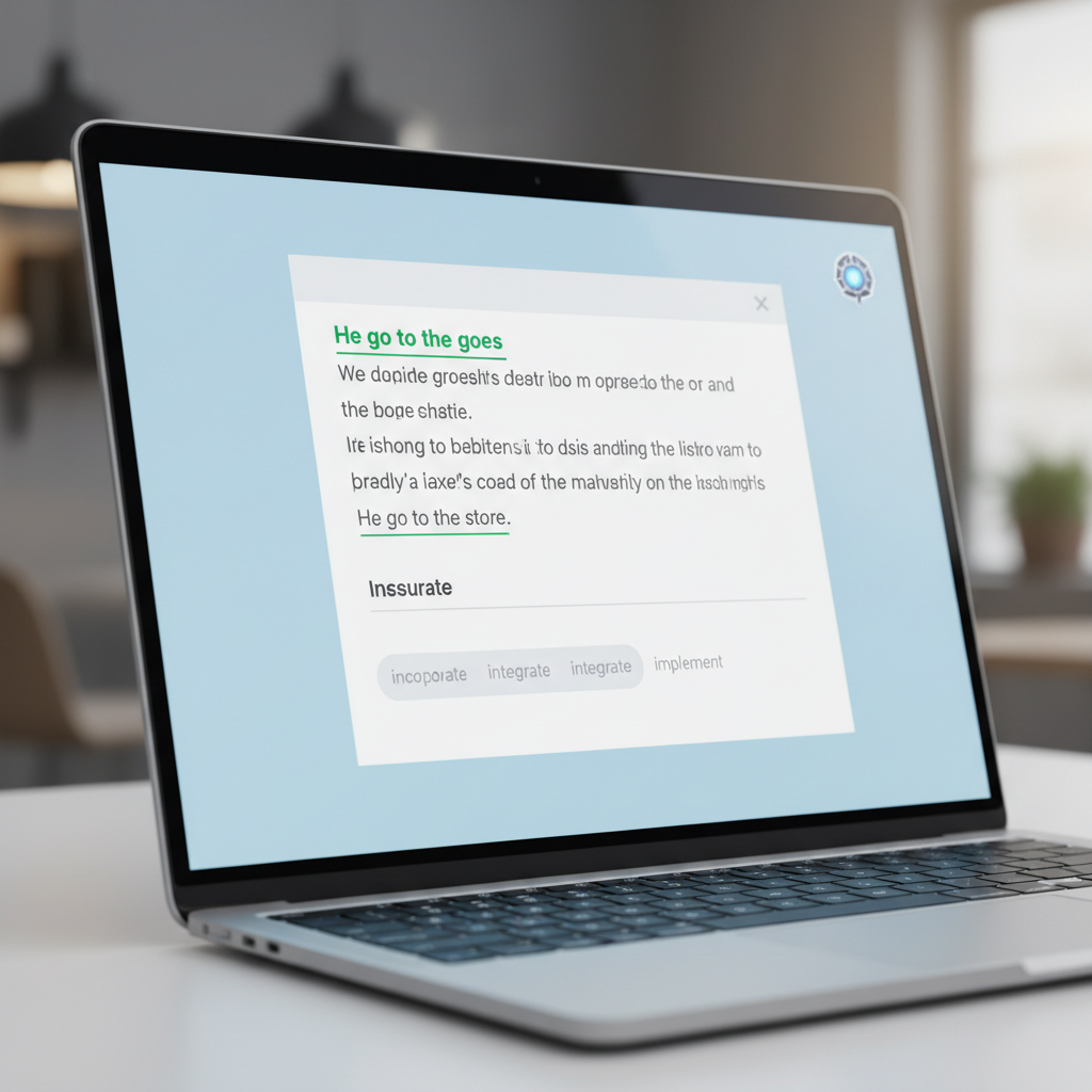 A screenshot of a writing assistant interface showing real-time grammar corrections and predictive text suggestions appearing as a user types in a document