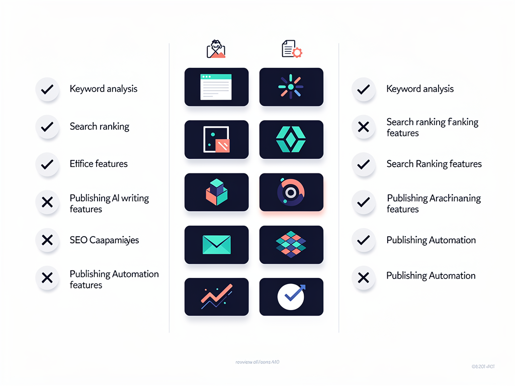 Feature comparison matrix showing different AI content platforms with checkmarks and X marks for capabilities including keyword research, SERP analysis, automated publishing, and backlink features