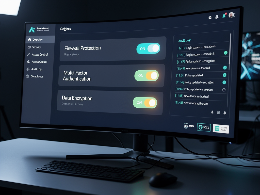 Security settings panel showing toggles for two-factor authentication enforcement, API key rotation schedule selector, data encryption status indicators, recent security audit log entries with timestamps and actions, and compliance badge indicators for SOC 2 and GDPR