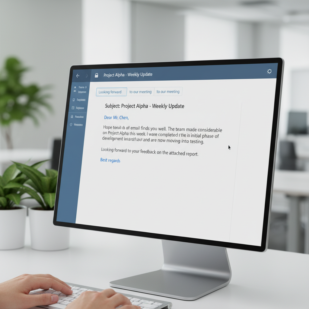 A close-up of a computer screen displaying an email draft, with AutoCorrect PC's predictive text suggestions appearing subtly above the current typing position. The email content is professional, demonstrating the software's utility in business communication.
