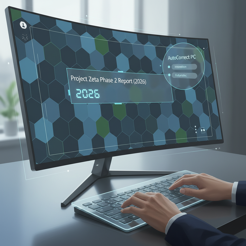 A user interacting with a small, discreet floating overlay of AutoCorrect PC, showing predictive text suggestions appearing subtly as they type.
