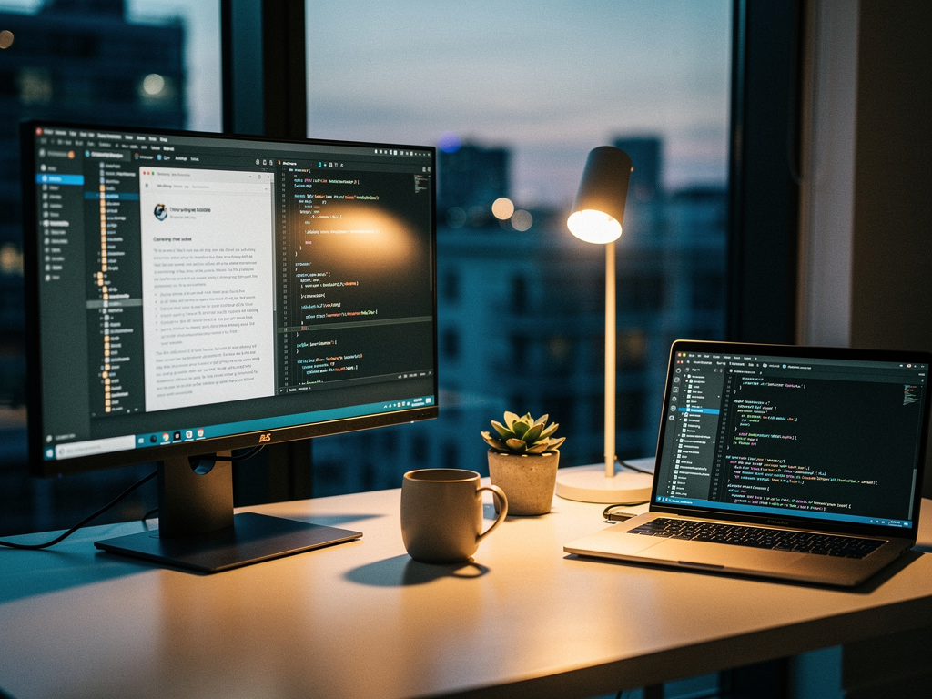 Developer workspace showing multiple browser tabs comparing different SaaS starter kit documentation pages, with a code editor open to a Next.js project structure, warm ambient lighting from a desk lamp, modern minimalist office setting
