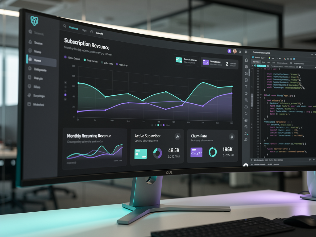 Modern dashboard interface showing Stripe subscription analytics with monthly recurring revenue charts, active subscriber counts, and churn metrics displayed on a clean dark-themed UI with Next.js branding elements visible in the navigation
