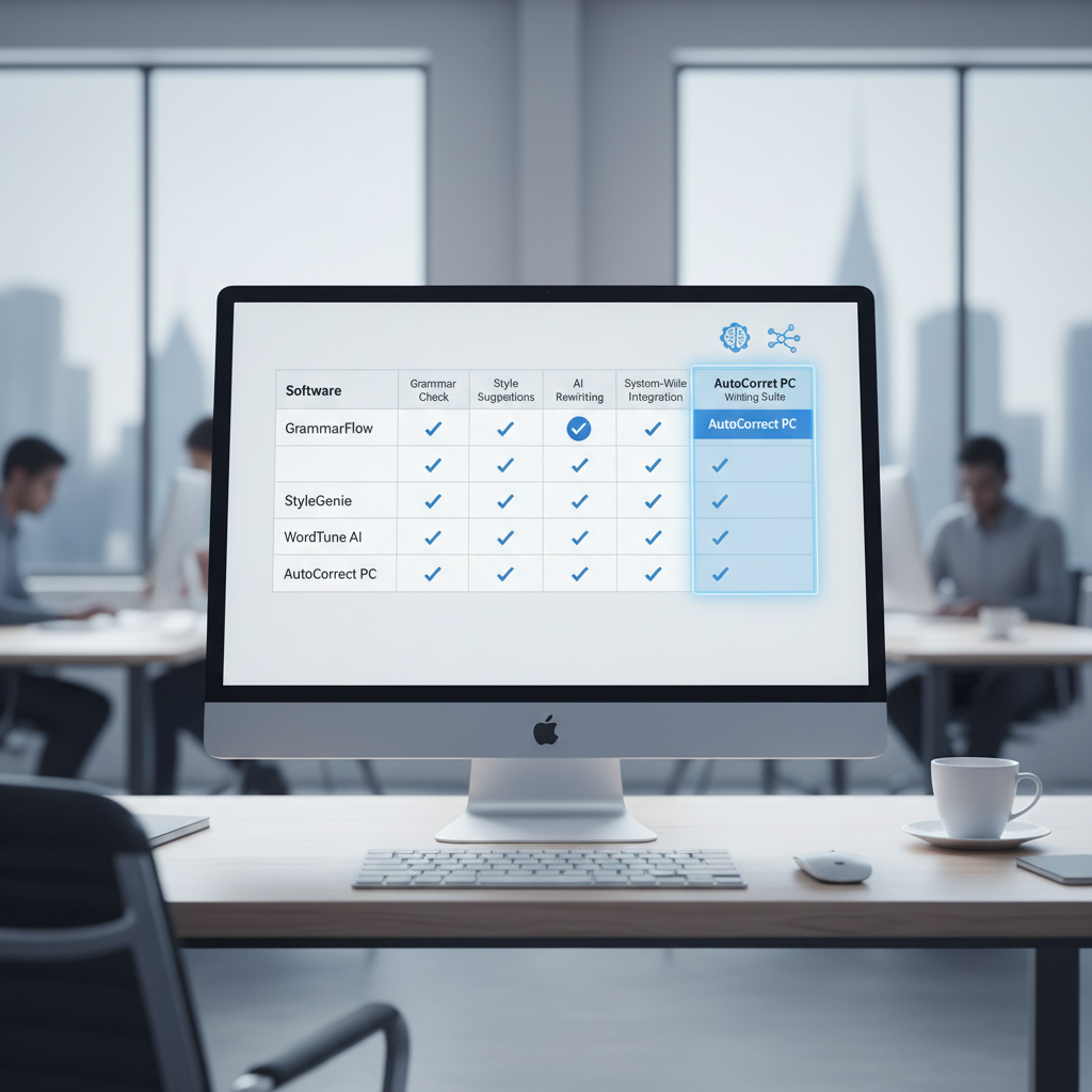 A comparison table on a monitor showing different writing assistant features side-by-side, with AutoCorrect PC highlighted as having the most comprehensive system-wide integration and AI capabilities.
