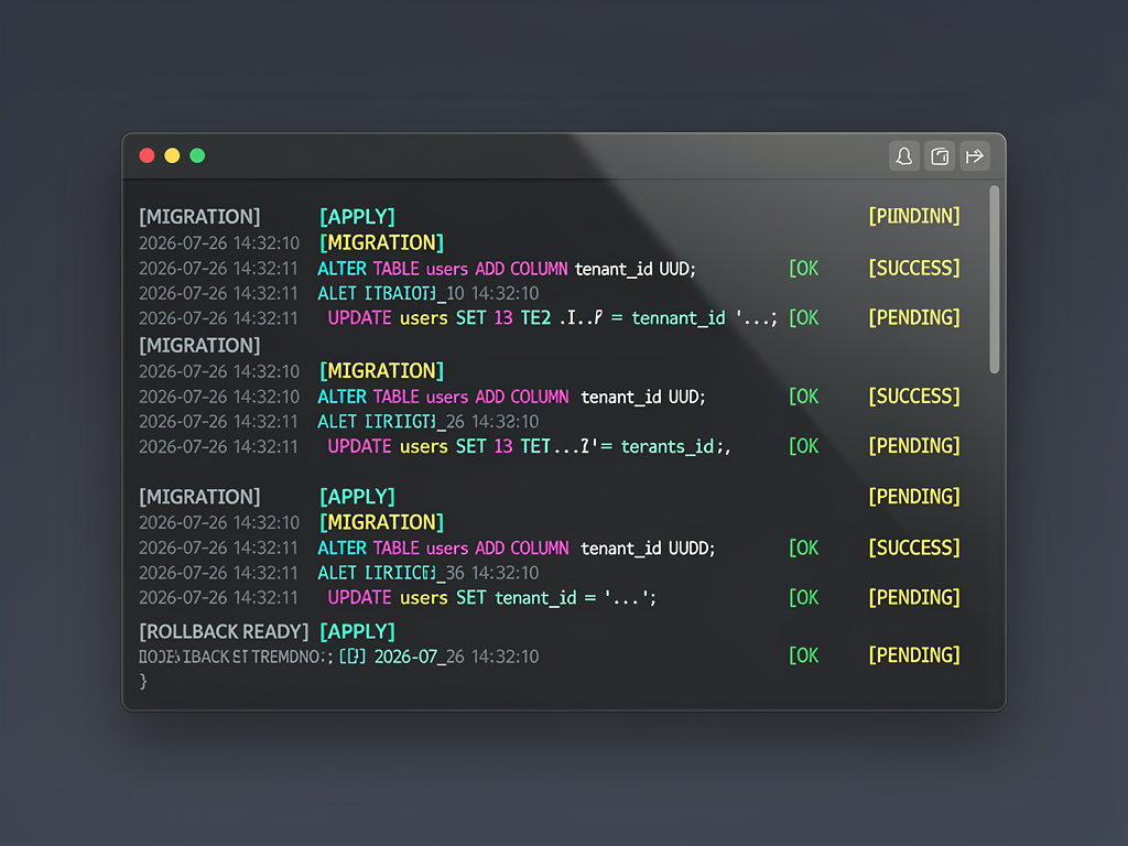 Terminal screenshot showing Prisma migrate dev command output with migration history, pending migrations list, and SQL preview for a multi-tenant schema change adding a tenant_id column to the posts table