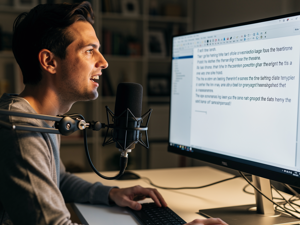 A person speaking into a microphone, with a computer screen displaying text appearing in real-time as they dictate.