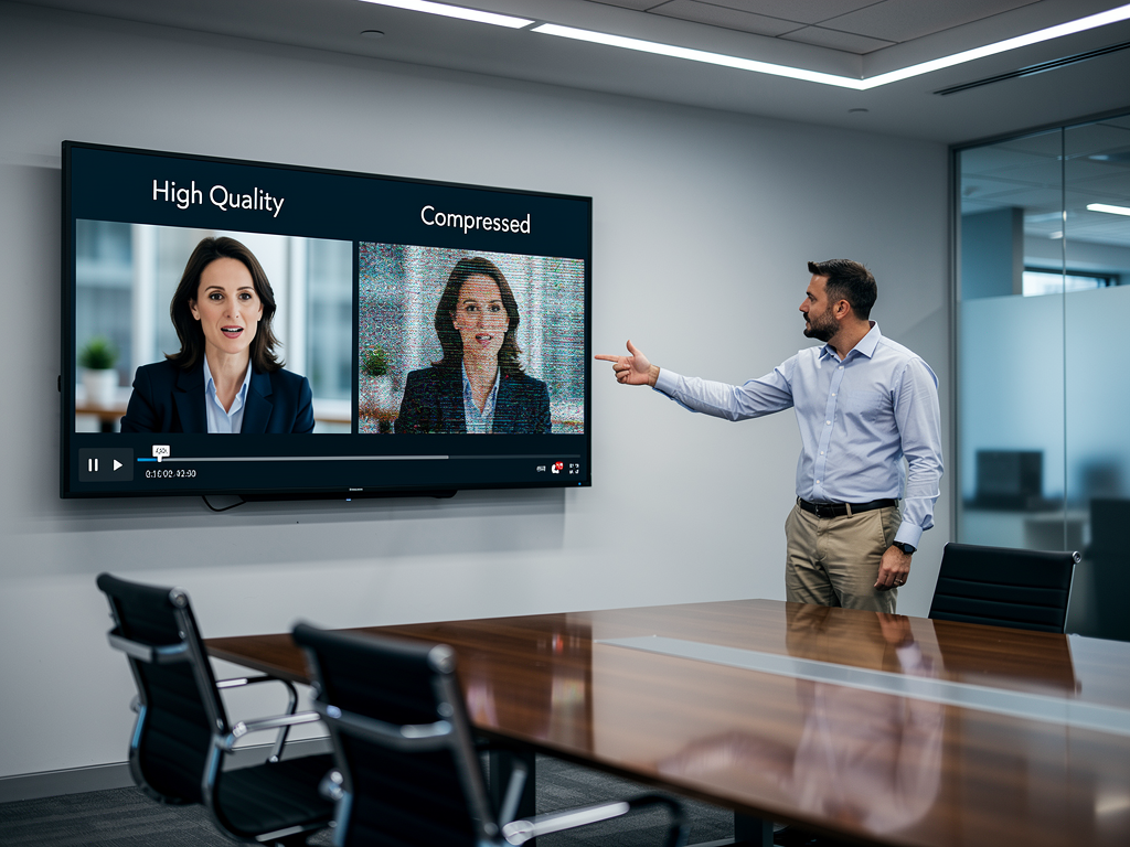 A split-screen comparison displayed on a large conference room monitor showing video quality differences between properly configured and misconfigured AVoIP streams, with a technician pointing at specific artifacts in a well-lit corporate meeting space