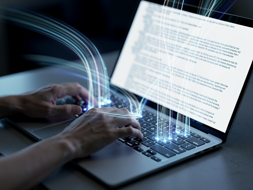A person's hands typing rapidly on a modern laptop keyboard, with glowing blue lines illustrating the flow of text and ideas across the screen.