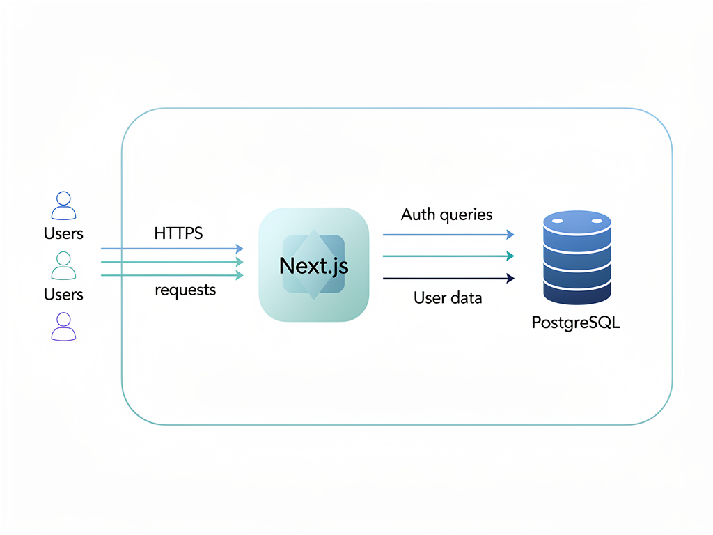 Architectural diagram showing data flow in self-hosted authentication with Better Auth, depicting user requests flowing through a Next.js application to a PostgreSQL database, with all components contained within a single cloud infrastructure boundary, illustrated with clean lines and a modern technical documentation style