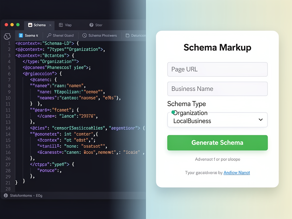 A split-screen view showing manual JSON-LD coding on the left side with complex nested brackets and a user-friendly schema generator interface on the right side with simple form fields, illustrating the contrast between manual and automated approaches