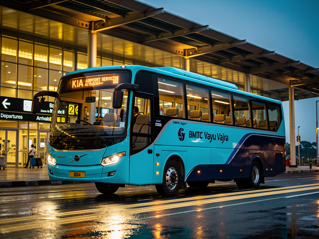 A modern BMTC Vayu Vajra Volvo bus parked at the Kempegowda International Airport bus terminal, glass and steel terminal architecture visible in background, clear wayfinding signage, evening lighting with terminal illumination reflecting off the bus windows