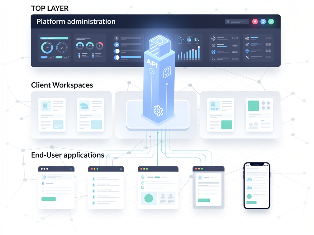 Architectural diagram showing the layered structure of a multi-tenant no-code platform, with separate tiers for platform administration, client workspaces, and end-user applications connected through a central API gateway, rendered in a clean technical illustration style with blue and white color scheme