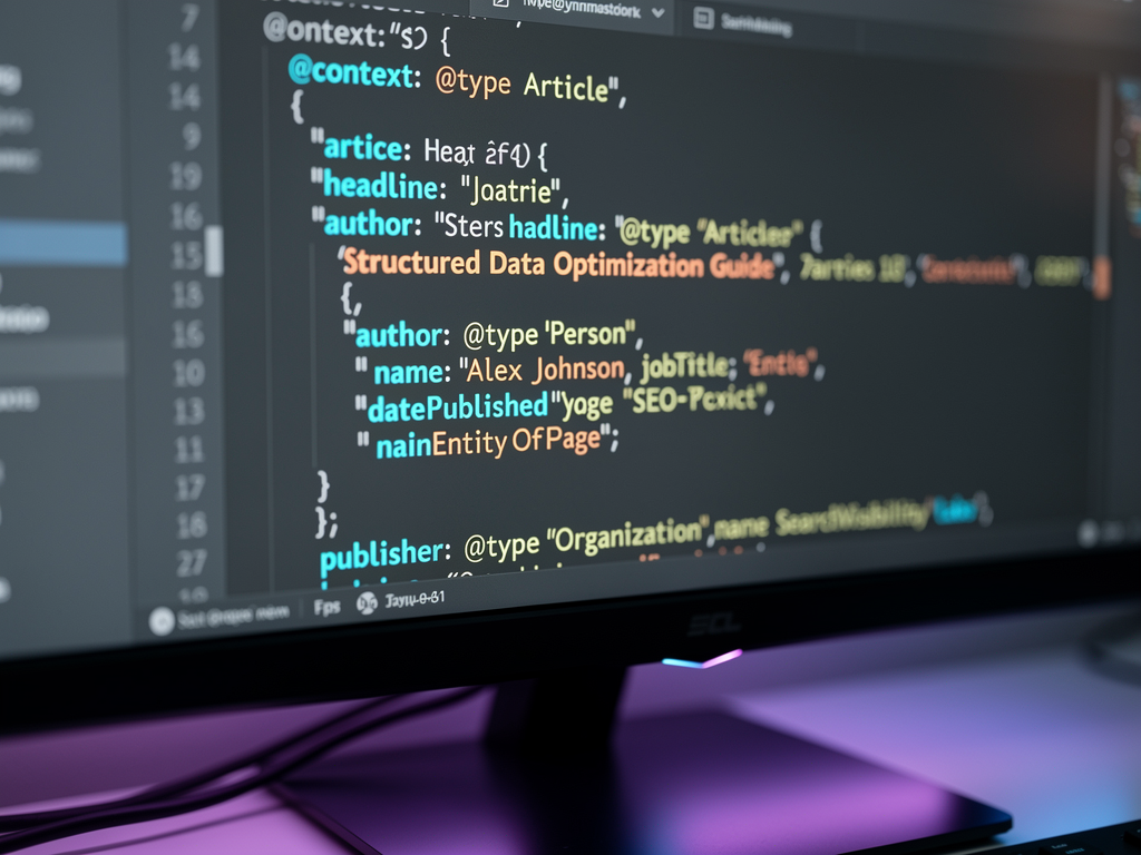 Code editor screenshot showing properly formatted JSON-LD schema markup for an article, with highlighted sections indicating author information, publication date, FAQ items, and HowTo steps, displayed in a dark theme code editor with syntax highlighting