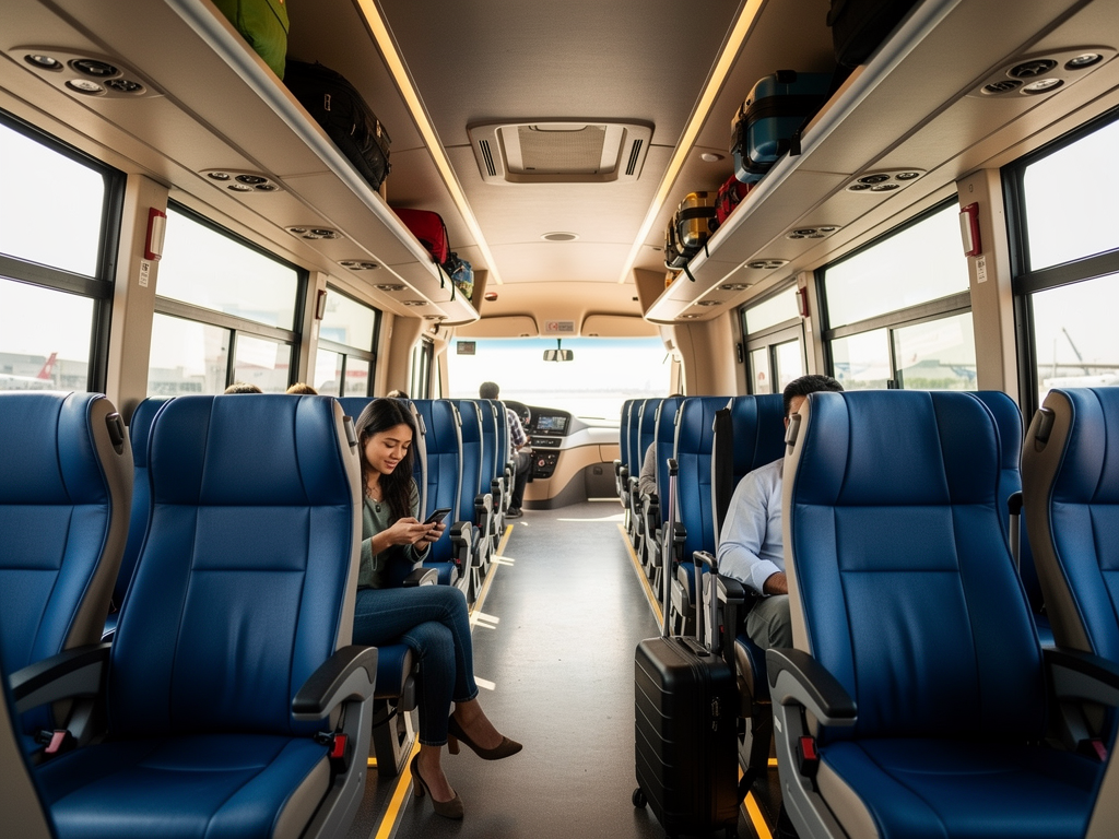 Interior view of a BMTC Vayu Vajra Volvo bus showing spacious seating arrangement with comfortable reclining seats, overhead luggage racks, air conditioning vents, and passengers seated comfortably, natural daylight streaming through large black-tinted windows, clean and well-maintained cabin environment