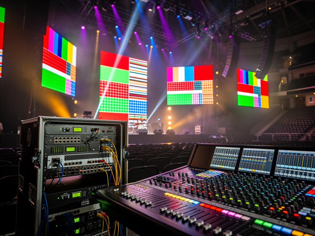 Concert stage during soundcheck with video screens displaying test patterns, audio mixing console in foreground, and portable AV over IP racks visible at stage left, dramatic stage lighting creating atmosphere in the venue