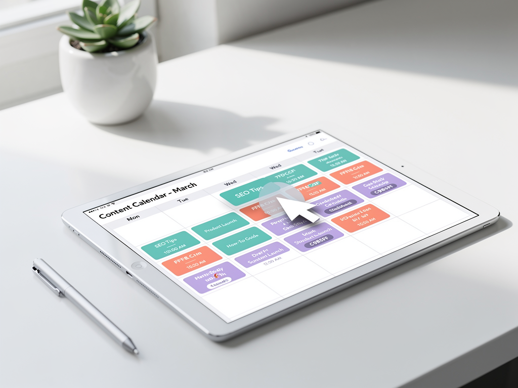 Digital content calendar interface displayed on a tablet screen showing scheduled blog posts across a monthly view, color-coded categories for different content types, drag-and-drop functionality visible, clean modern design with publication dates and status indicators clearly marked
