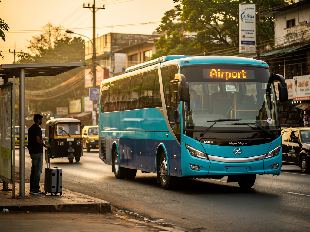 Interior view of a modern BMTC Vayu Vajra Volvo bus showing comfortable reclining seats with blue fabric upholstery, spacious legroom, overhead luggage compartments, and air conditioning vents, clean and well-maintained cabin atmosphere