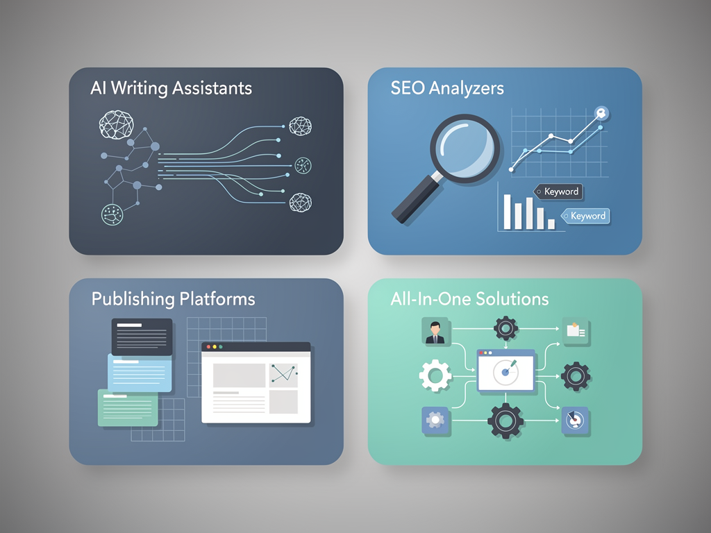 A comparison matrix showing different content tool categories including all-in-one platforms, AI writing assistants, SEO optimization tools, and publishing automation tools. Each category shows representative tools, key capabilities, best use cases, and typical pricing tiers. The matrix uses a clean table format with alternating row colors and icon indicators for capability strengths. A subtle gradient background in gray tones provides visual depth.