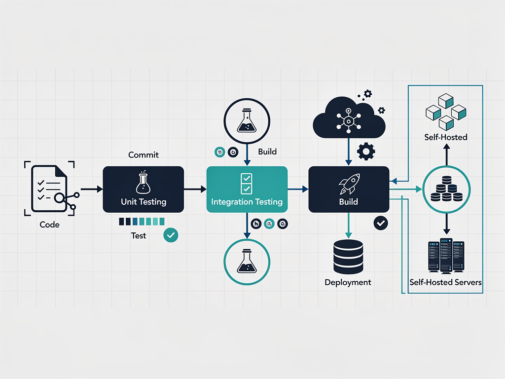Deployment pipeline diagram showing code commit flowing through CI/CD stages including testing, building, and deployment to multiple platforms like Vercel, Docker, and self-hosted options, clean flowchart style with platform logos