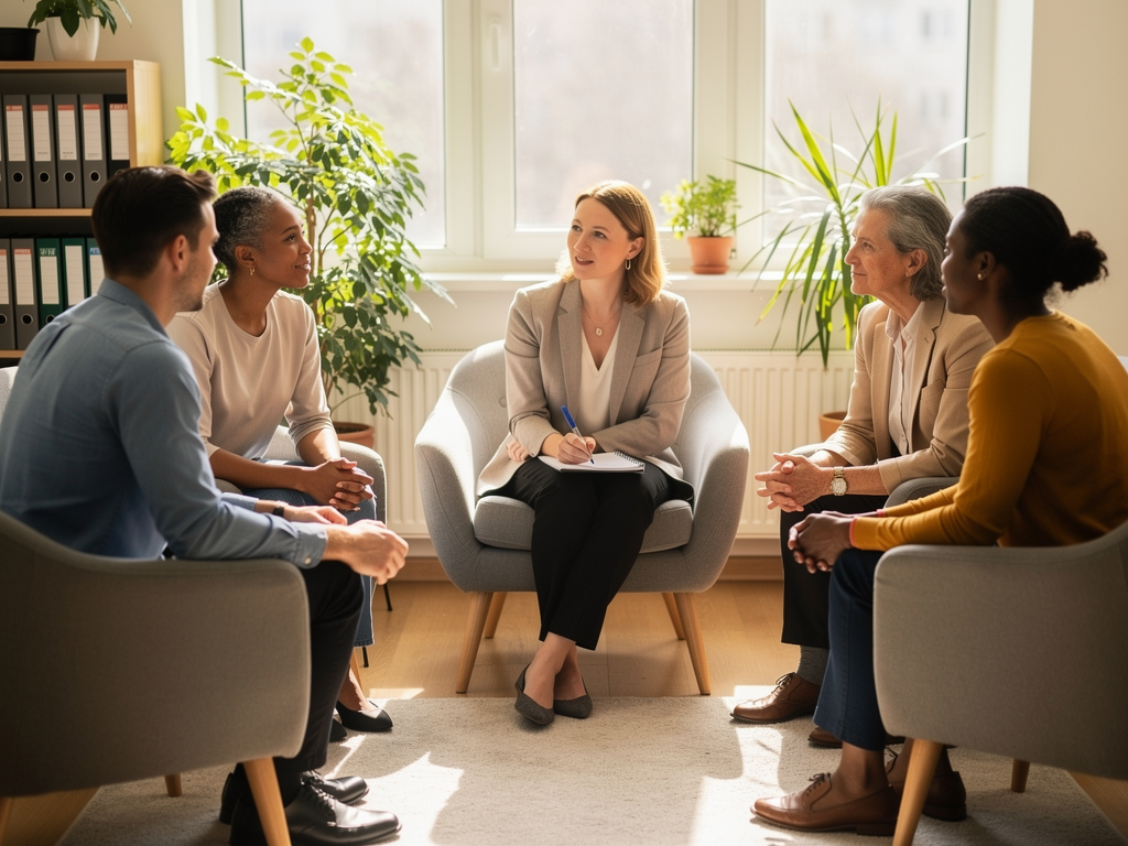 A diverse group of adults sitting in a circle during a group therapy session in a community centre, with expressions of attentiveness and support, natural daylight filtering through large windows