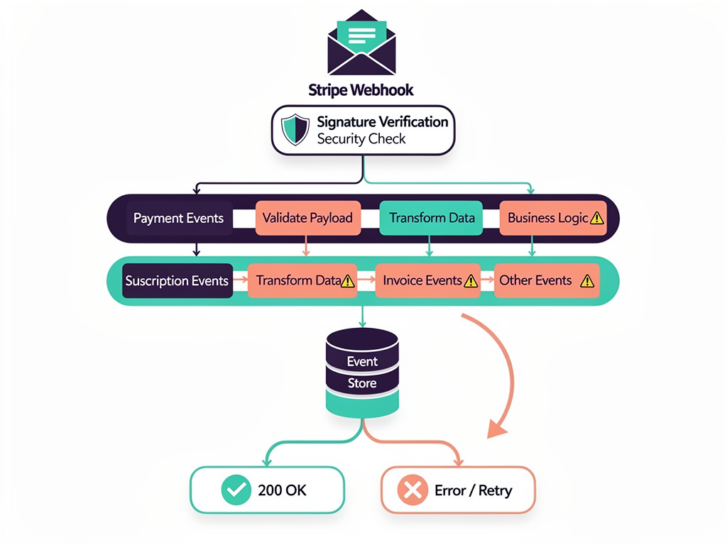 Flowchart diagram showing webhook event processing pipeline from Stripe webhook receipt through signature verification, event type routing, database updates, and response handling with error retry paths