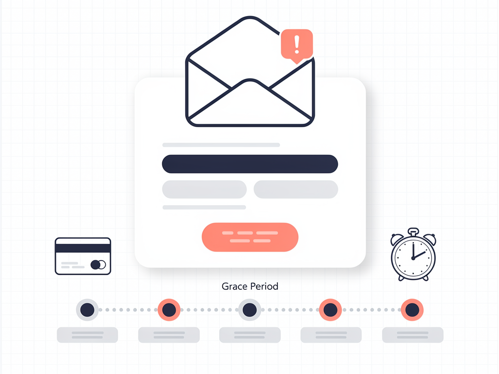 Email template design for payment failure notification showing friendly messaging, clear explanation of the issue, prominent update payment button, and timeline indicating grace period before service interruption