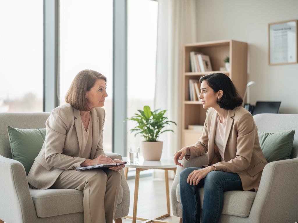A supportive healthcare professional having a warm conversation with a patient in a bright, welcoming clinical setting, conveying the accessibility and helpfulness of seeking professional mental health support