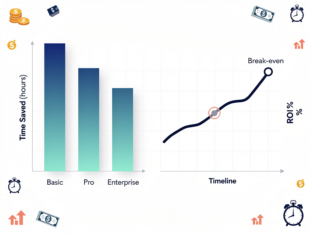 Cost comparison chart showing development time savings versus boilerplate price across different pricing tiers, with break-even analysis and ROI calculations, clean bar chart and line graph visualization